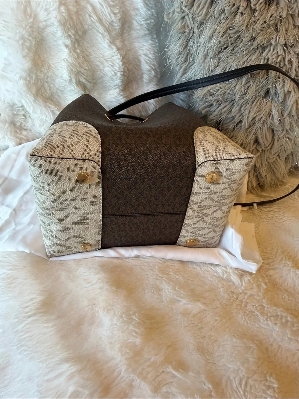 Michael Kors Brown and Cream Signature Drawstring Bucket Tote